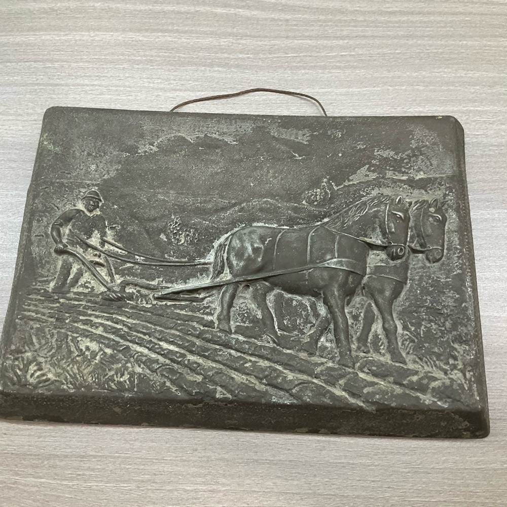 VINTAGE METAL 3D ART FARMER PLOWING FIELD WITH HORSES